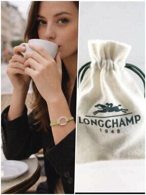 NEW Longchamp Green Leather Bracelet Silver Logo